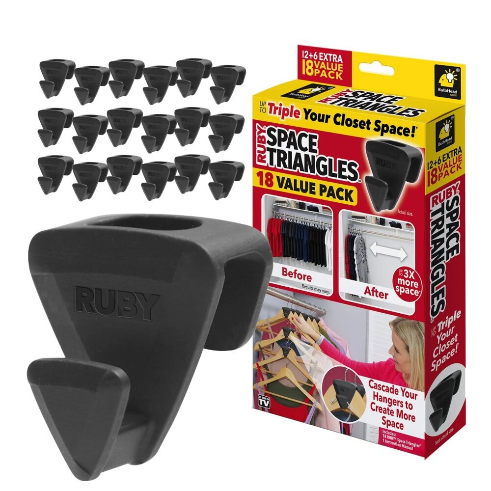 BulbHead Ruby Space Triangles, Closet Space Saver, Strong Plastic Black, 18 Pack